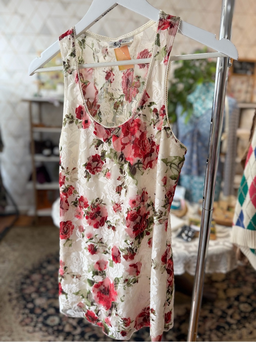 Floral Lace Overlay Tank Top - Cream & Red Roses